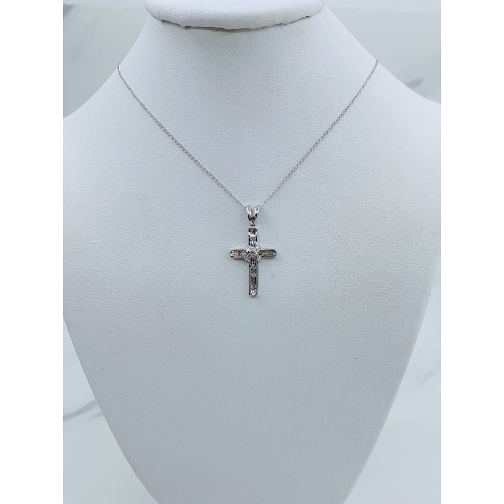 10k Gold Pendant Cross And Necklace White Gold And Diamonds 16” Dainty